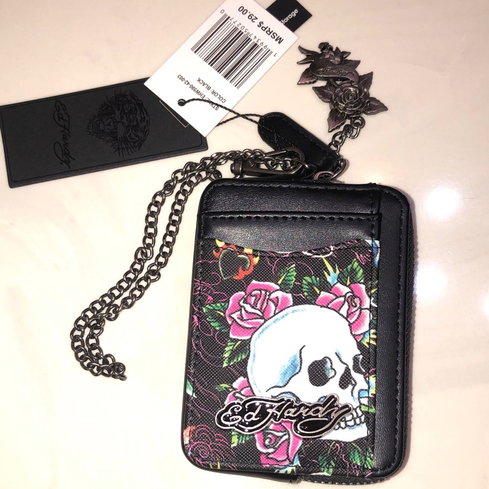 Ed Hardy Black & Skull Rose Tattoo Print ZA Card Wallet + Chain Wrist Strap